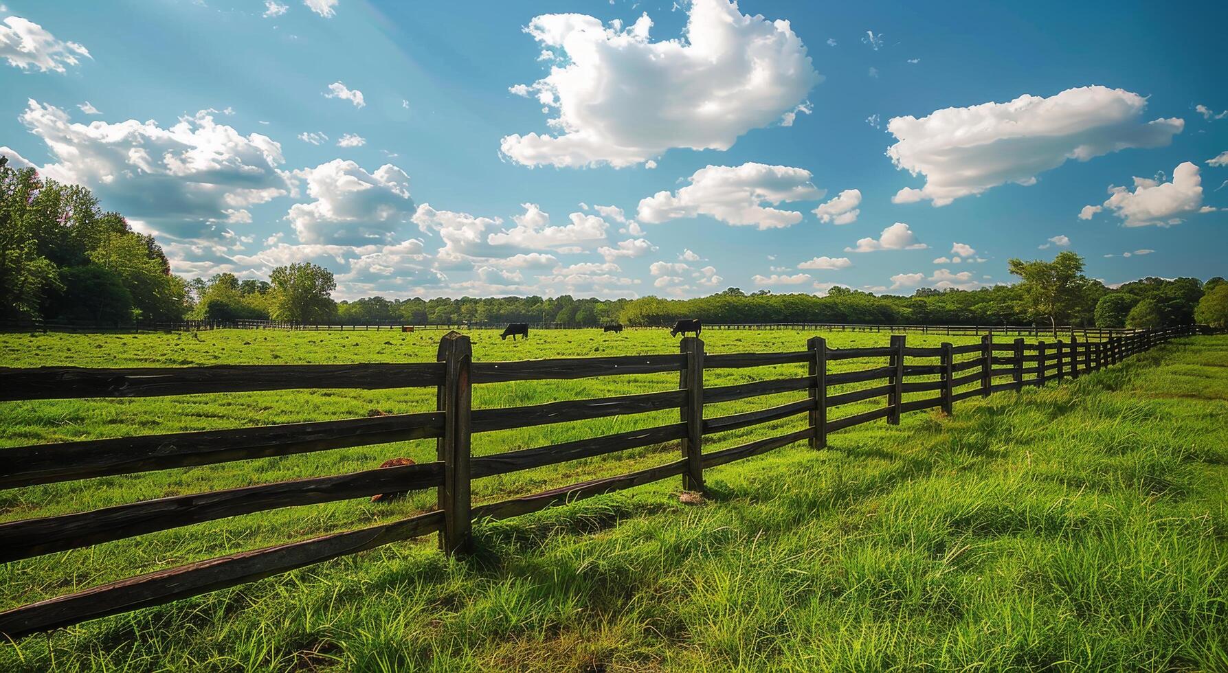 A Wooden Fence Lines a Green Pasture on a Sunny Day photo