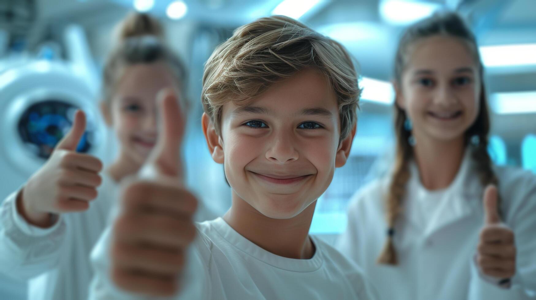 Smiling Boy Gives Thumbs Up in Blue Lab Coat During Science Experiment photo