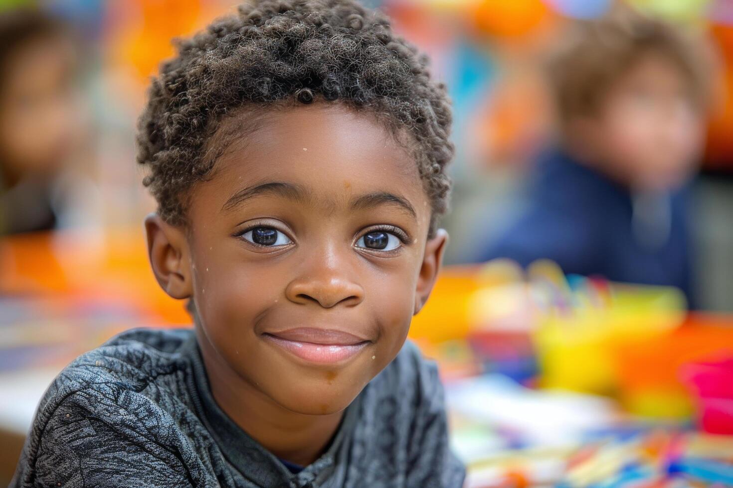 Young Boy Smiles at Camera While Sitting in Classroom photo