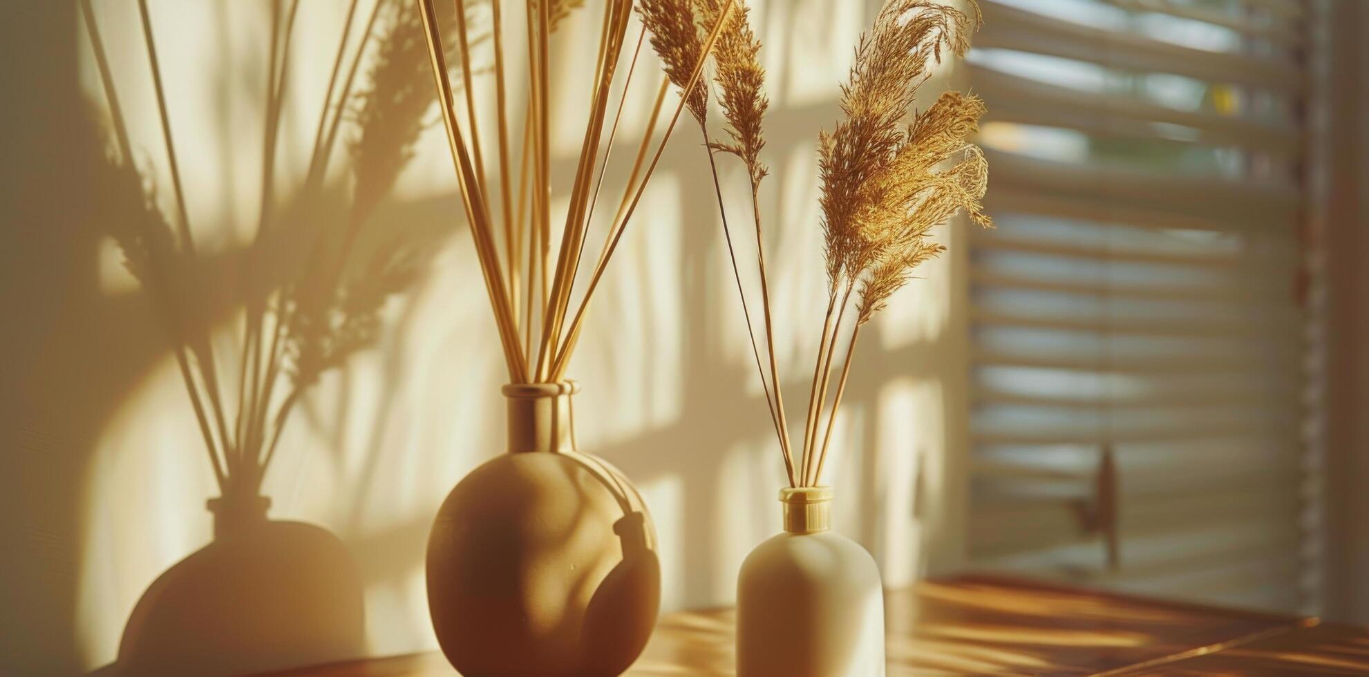 Decorative Reed Diffuser Bottles and Dried Pampas Grass in Sunlight photo