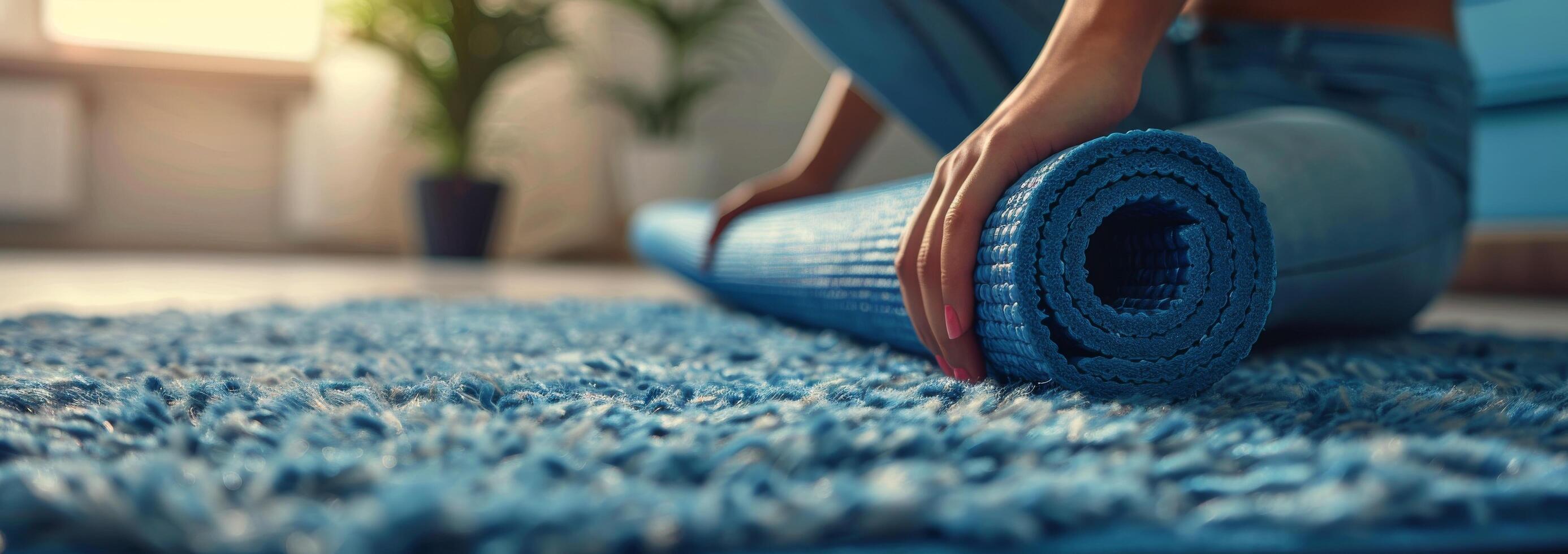 Person Rolling Up Blue Yoga Mat on Floor Indoors photo