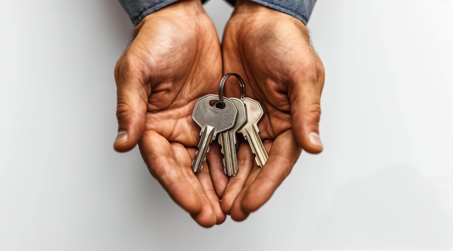 Closeup of Hands Holding Three Keys on a White Background photo
