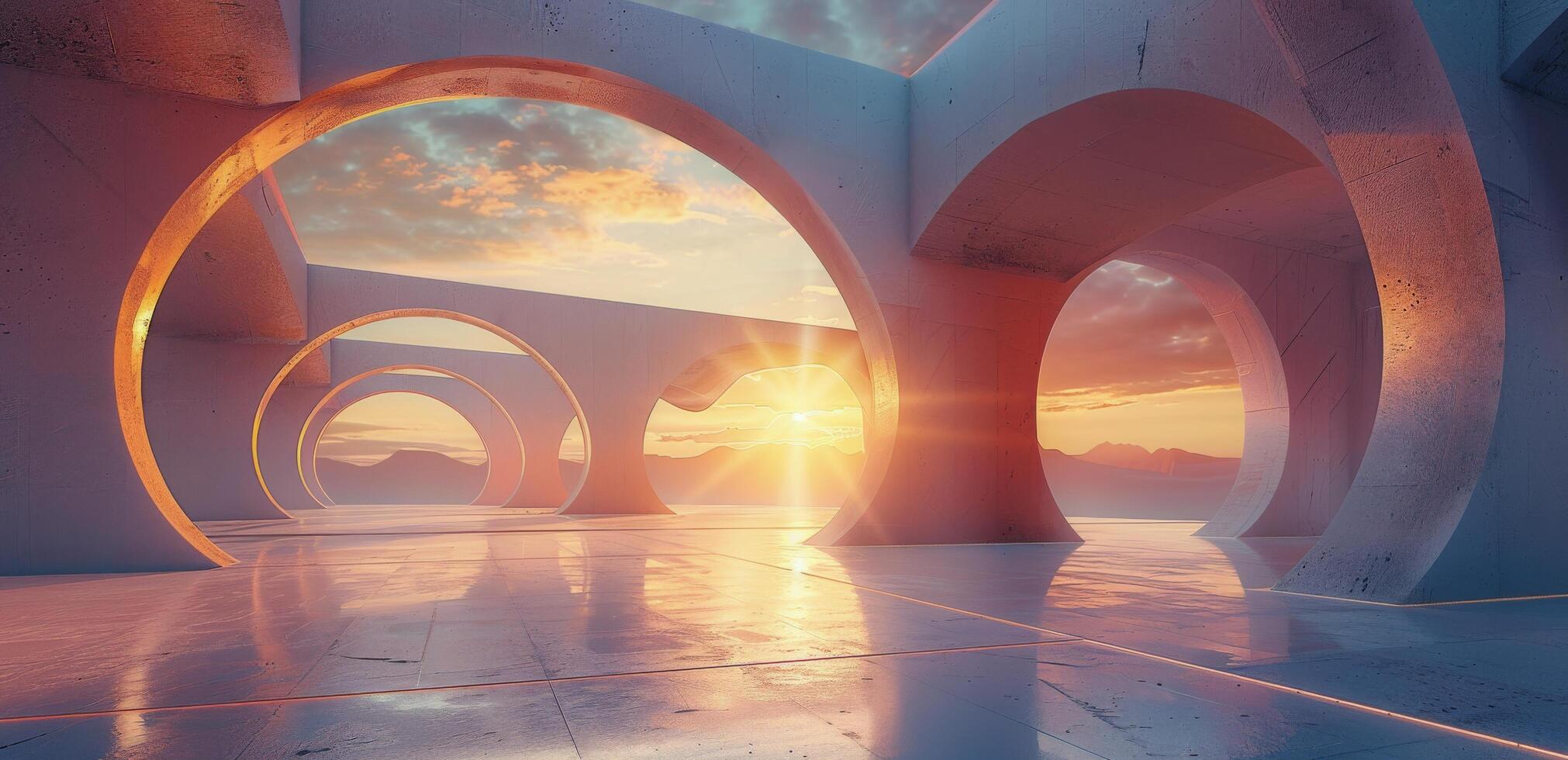 Modern Architectural Structure With Arched Windows at Sunset photo