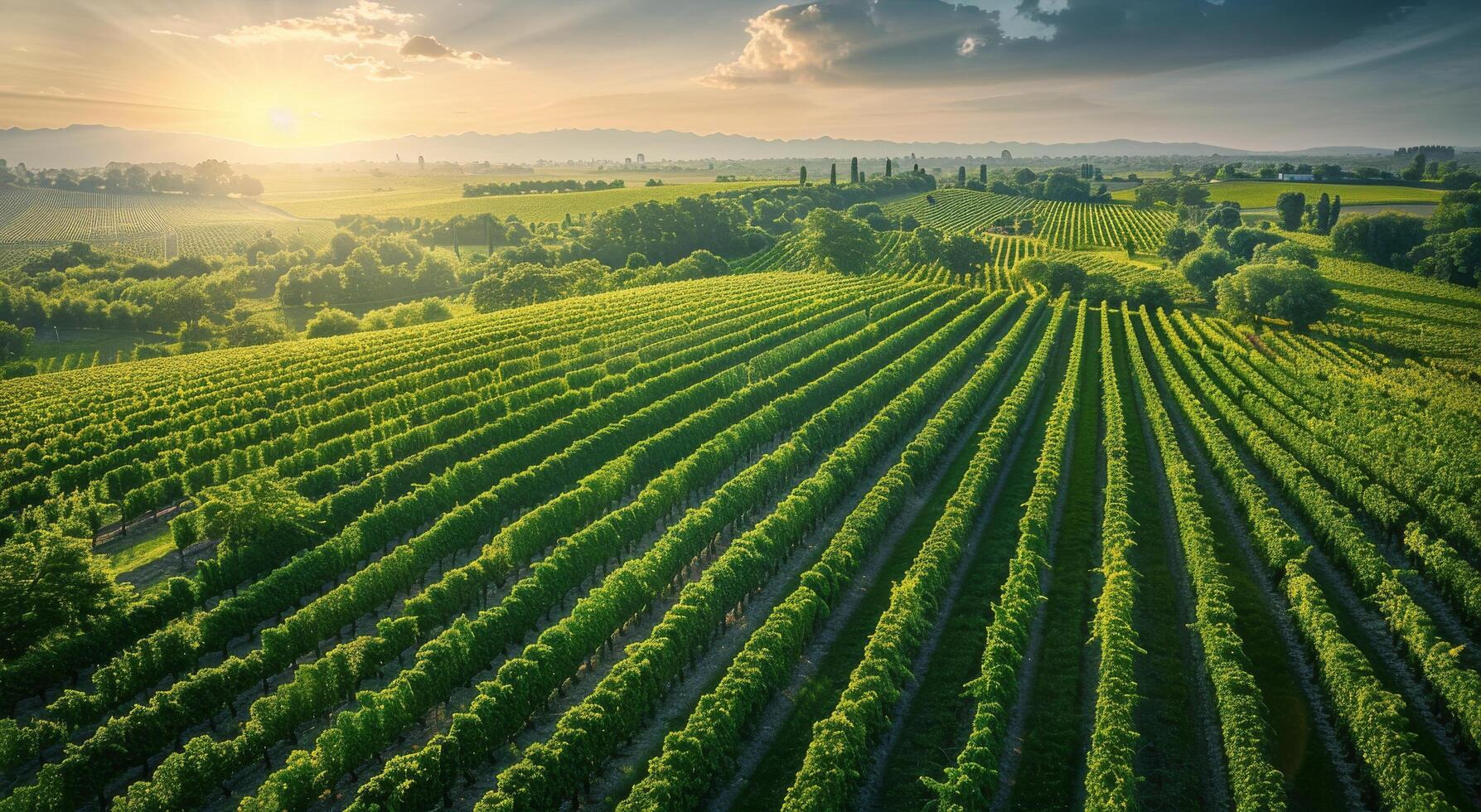 Aerial View of Rolling Green Vineyards During Sunset photo