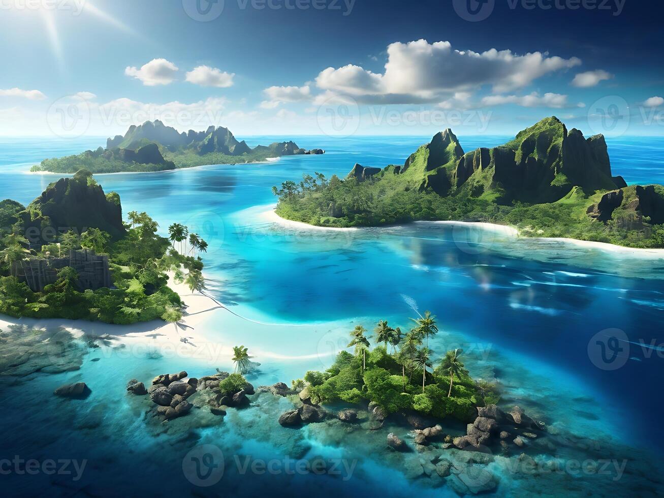 tropical island with glowing lagoons beautiful composition, super sharp, crisp, clear, true to life photo