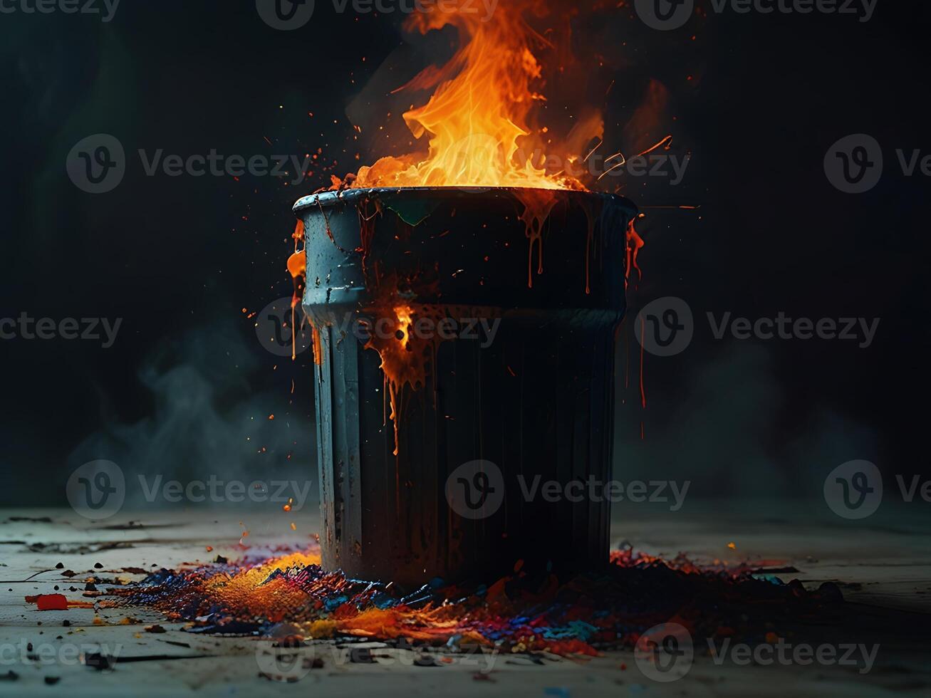 a trash can gargabe bin full of dirty rainbow toilet paper roll, pretentious vampire demon energy photo