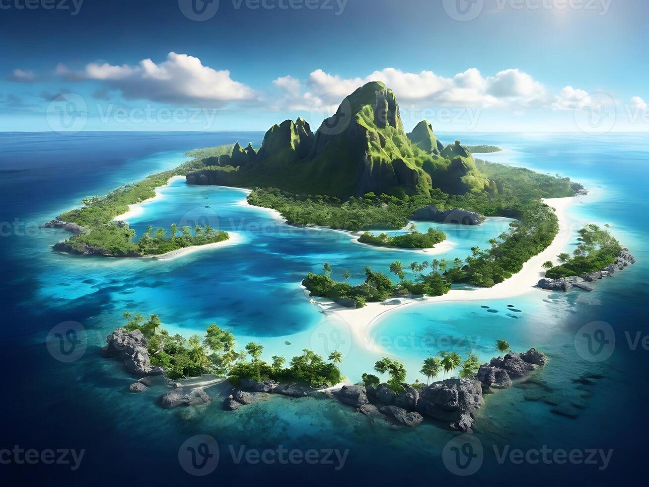 tropical island with glowing lagoons beautiful composition, super sharp, crisp, clear, true to life photo