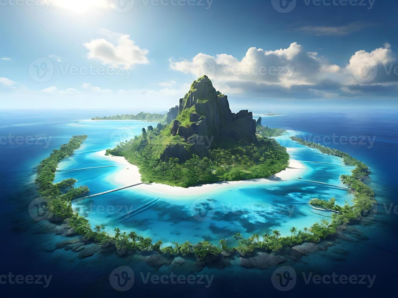 tropical island with glowing lagoons beautiful composition, super sharp, crisp, clear, true to life photo
