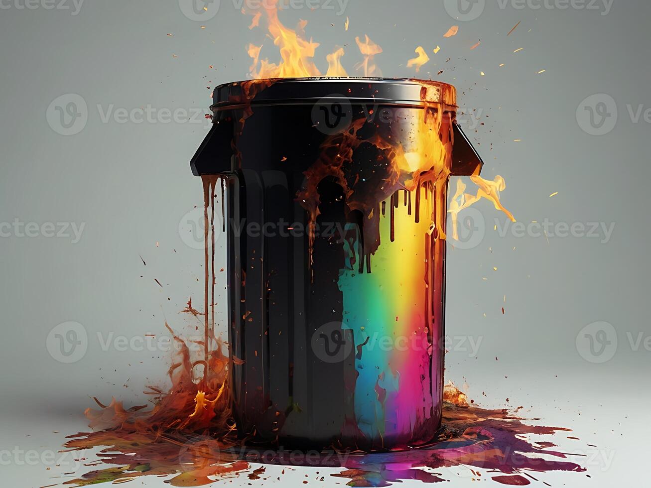 a trash can gargabe bin full of dirty rainbow toilet paper roll, pretentious vampire demon energy photo