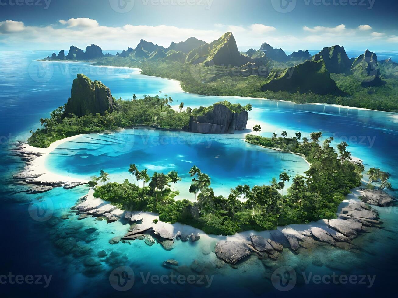 tropical island with glowing lagoons beautiful composition, super sharp, crisp, clear, true to life photo