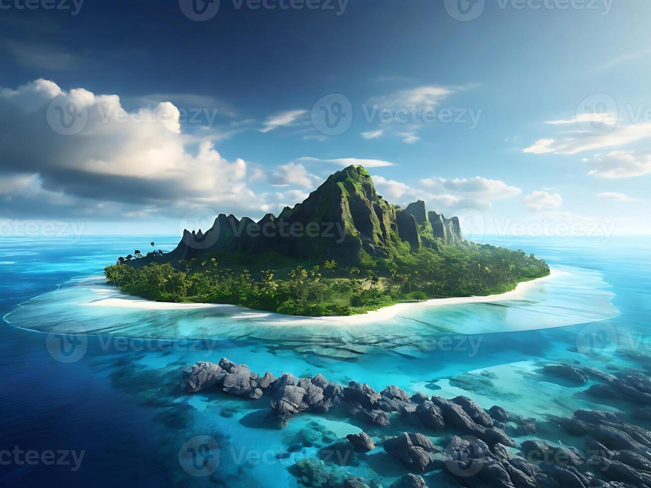 tropical island with glowing lagoons beautiful composition, super sharp, crisp, clear, true to life photo