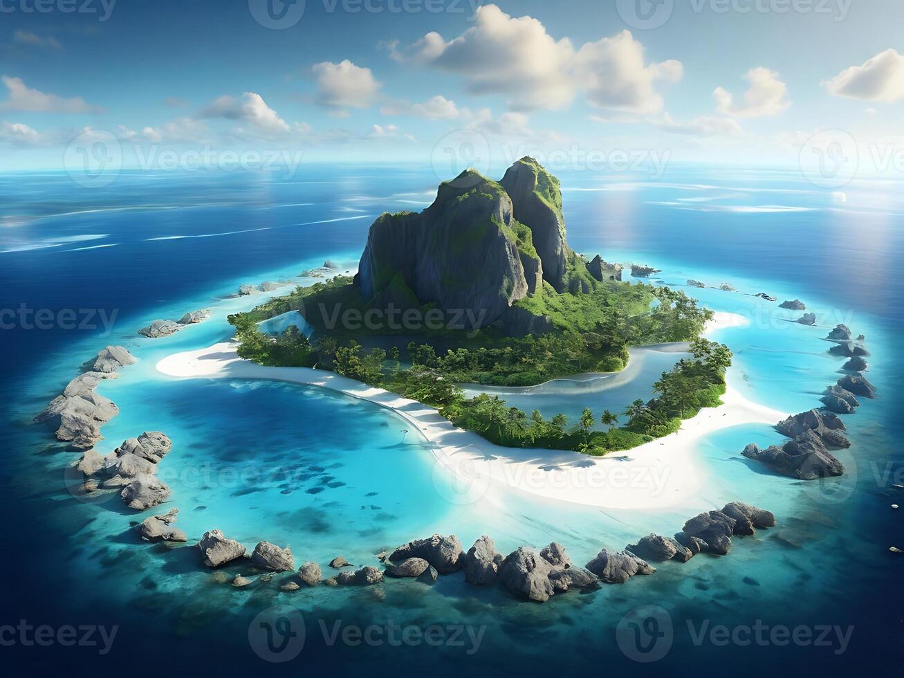 tropical island with glowing lagoons beautiful composition, super sharp, crisp, clear, true to life photo