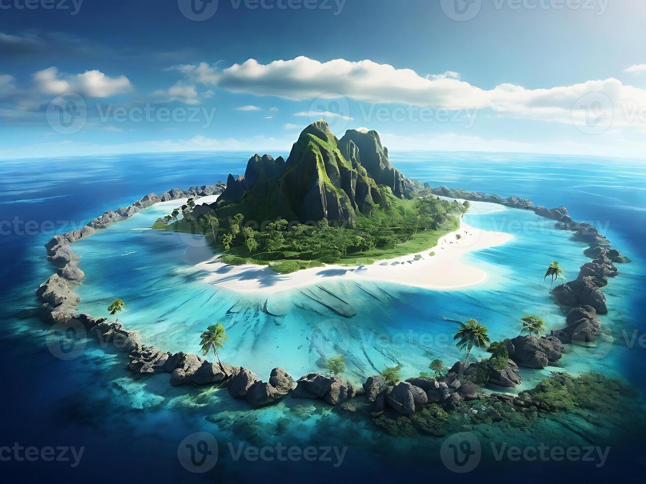 tropical island with glowing lagoons beautiful composition, super sharp, crisp, clear, true to life photo