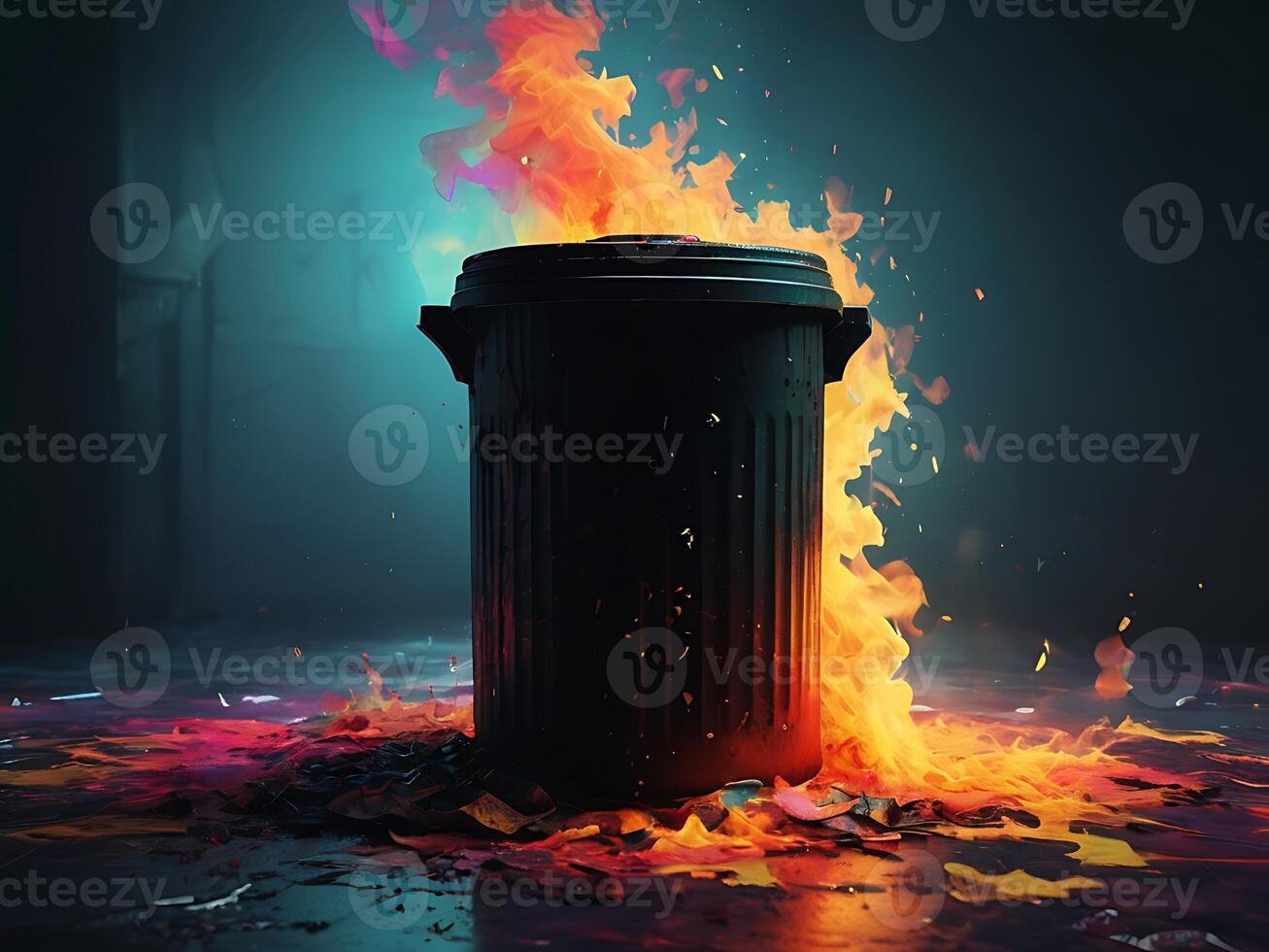 a trash can gargabe bin full of dirty rainbow toilet paper roll, pretentious vampire demon energy photo