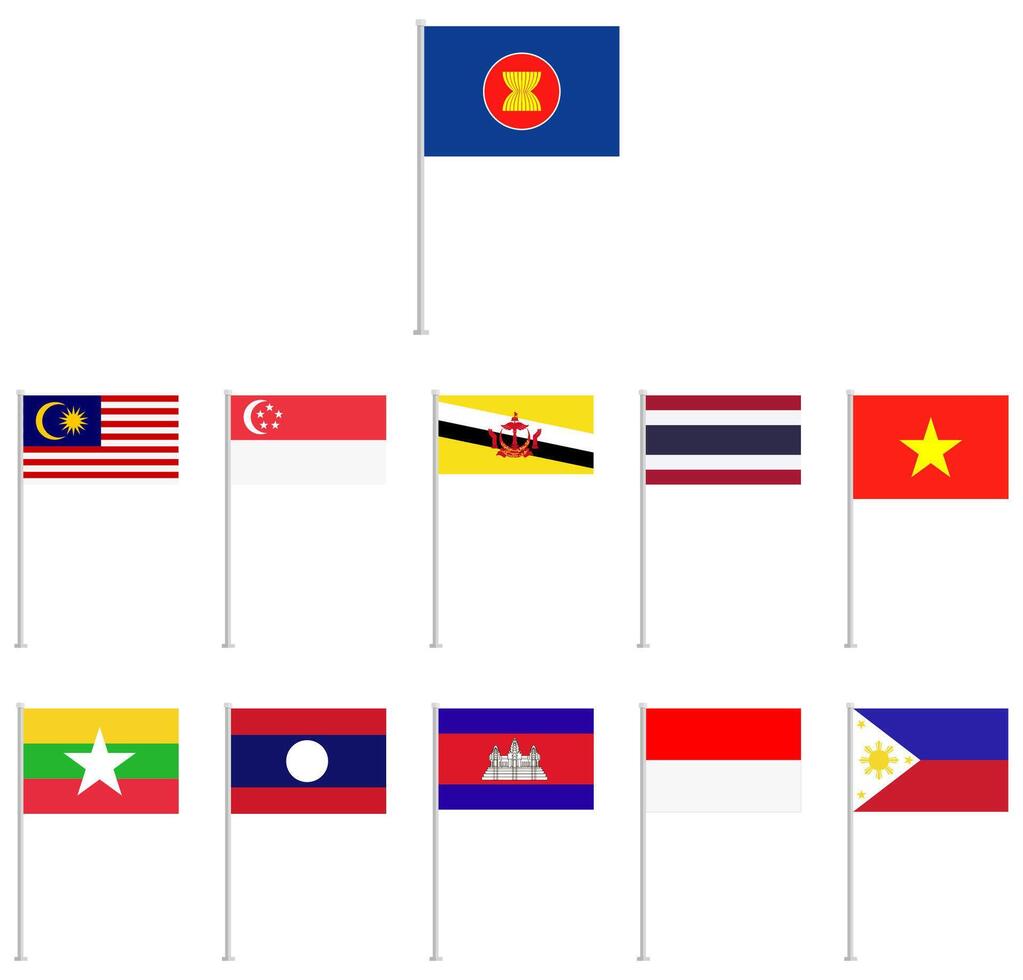 Flag of ASEAN and membership with flagpole isolated on white background. vector