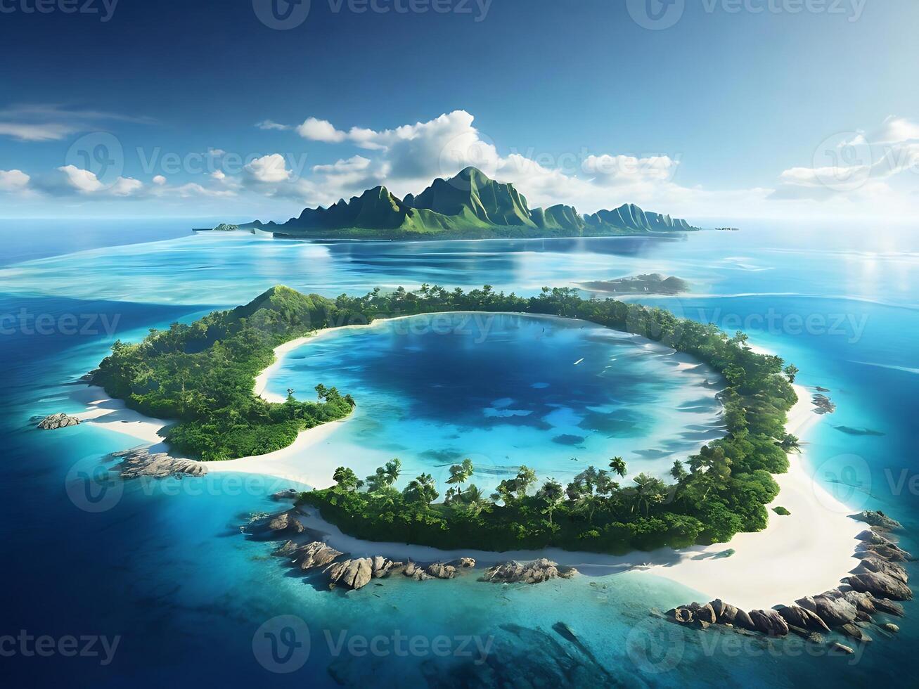 tropical island with glowing lagoons beautiful composition, super sharp, crisp, clear, true to life photo