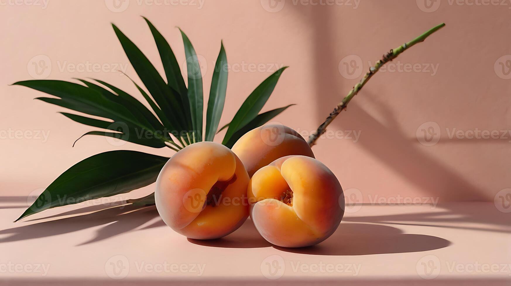 Apricot fruit with palm leaves shadow on a pastel pink background. Summer aesthetic concept. photo