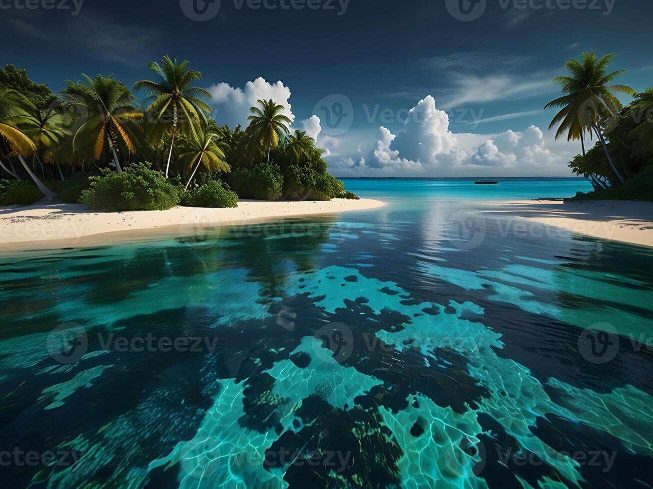 tropical island with glowing lagoons beautiful composition, super sharp, crisp, clear, true to life photo