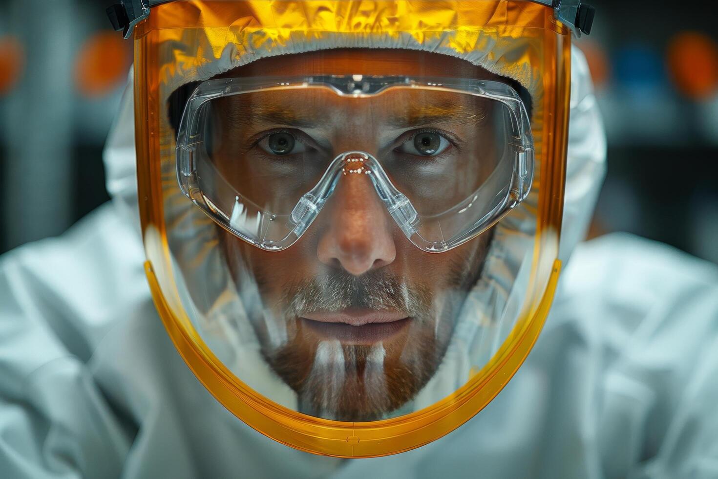 Person Wearing Hazmat Suit Inspecting Chemical Bottles in Industrial Setting photo