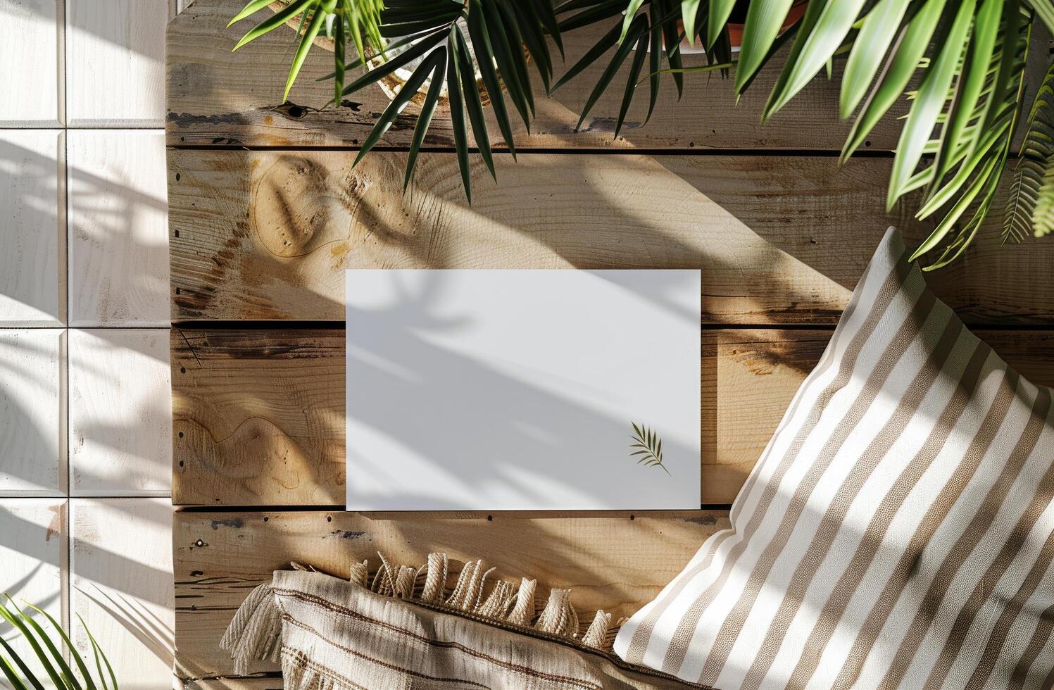 White Blank Canvas on Wooden Floor With Greenery and Natural Light photo
