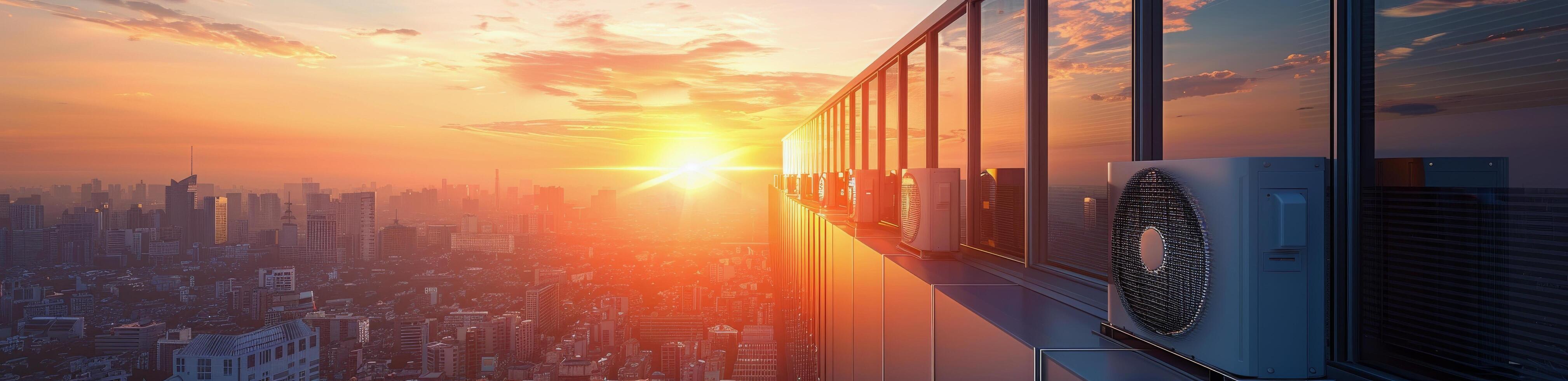 Sunrise View From Rooftop of Modern Building With Air Conditioner Unit photo