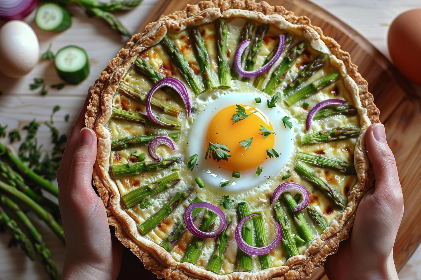 Delicious Asparagus, Red Onion, and Egg Quiche on Rustic Wooden Table photo