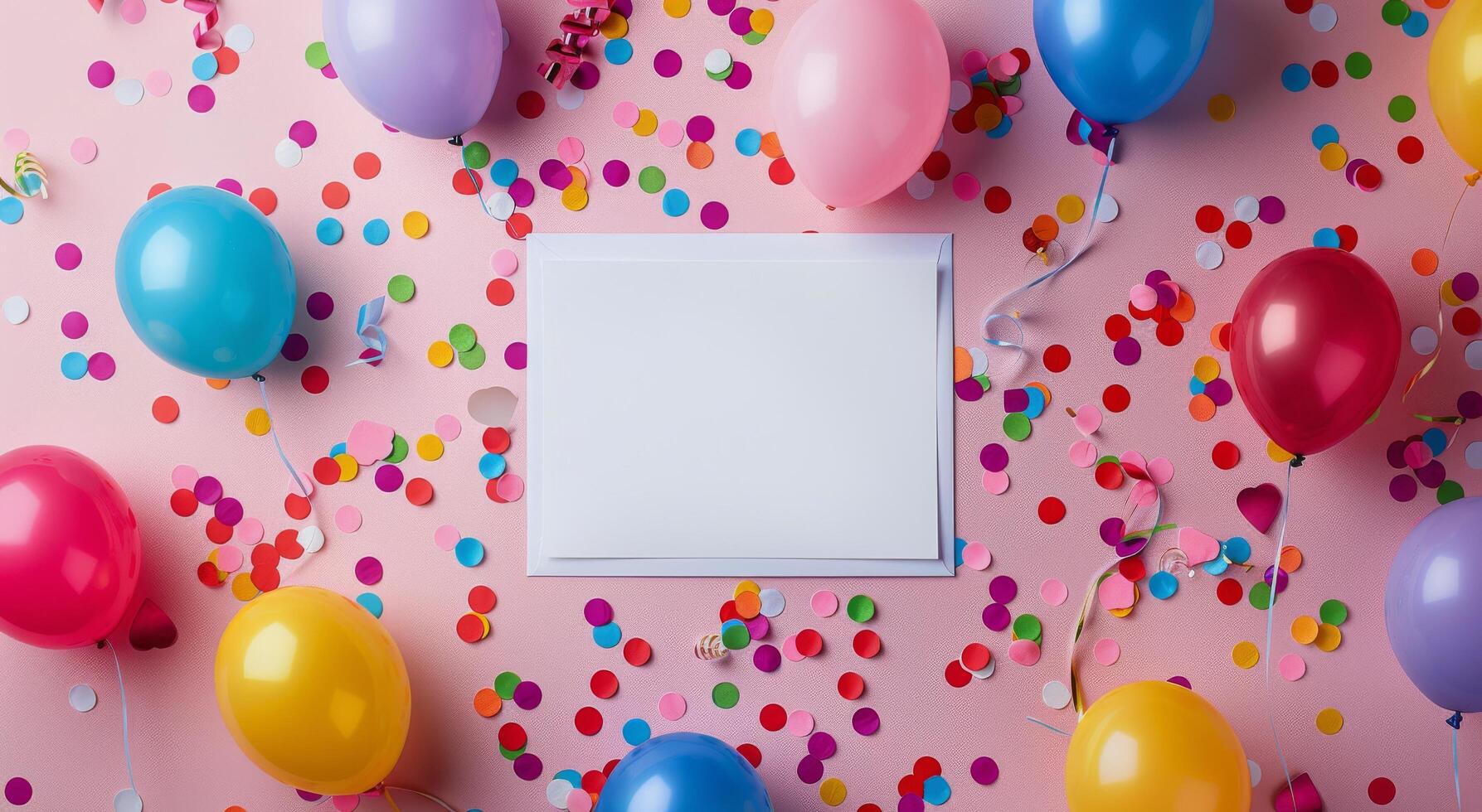 Blank Card Surrounded by Colorful Balloons and Confetti on a Pink Background photo