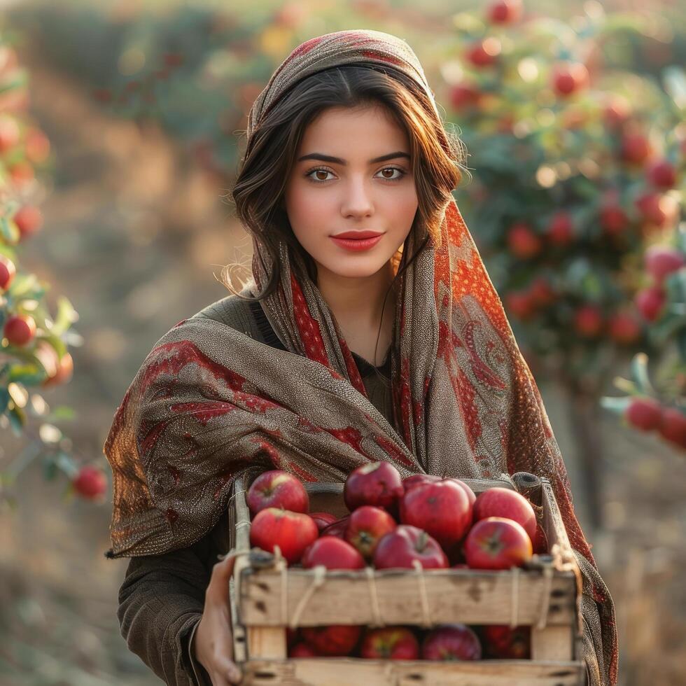 Young Woman Holding A Crate Of Ripe Apples In An Orchard During Golden Hour photo