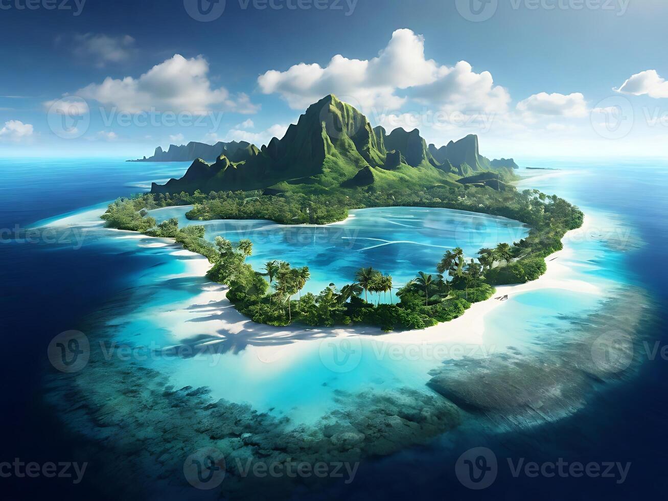 tropical island with glowing lagoons beautiful composition, super sharp, crisp, clear, true to life photo