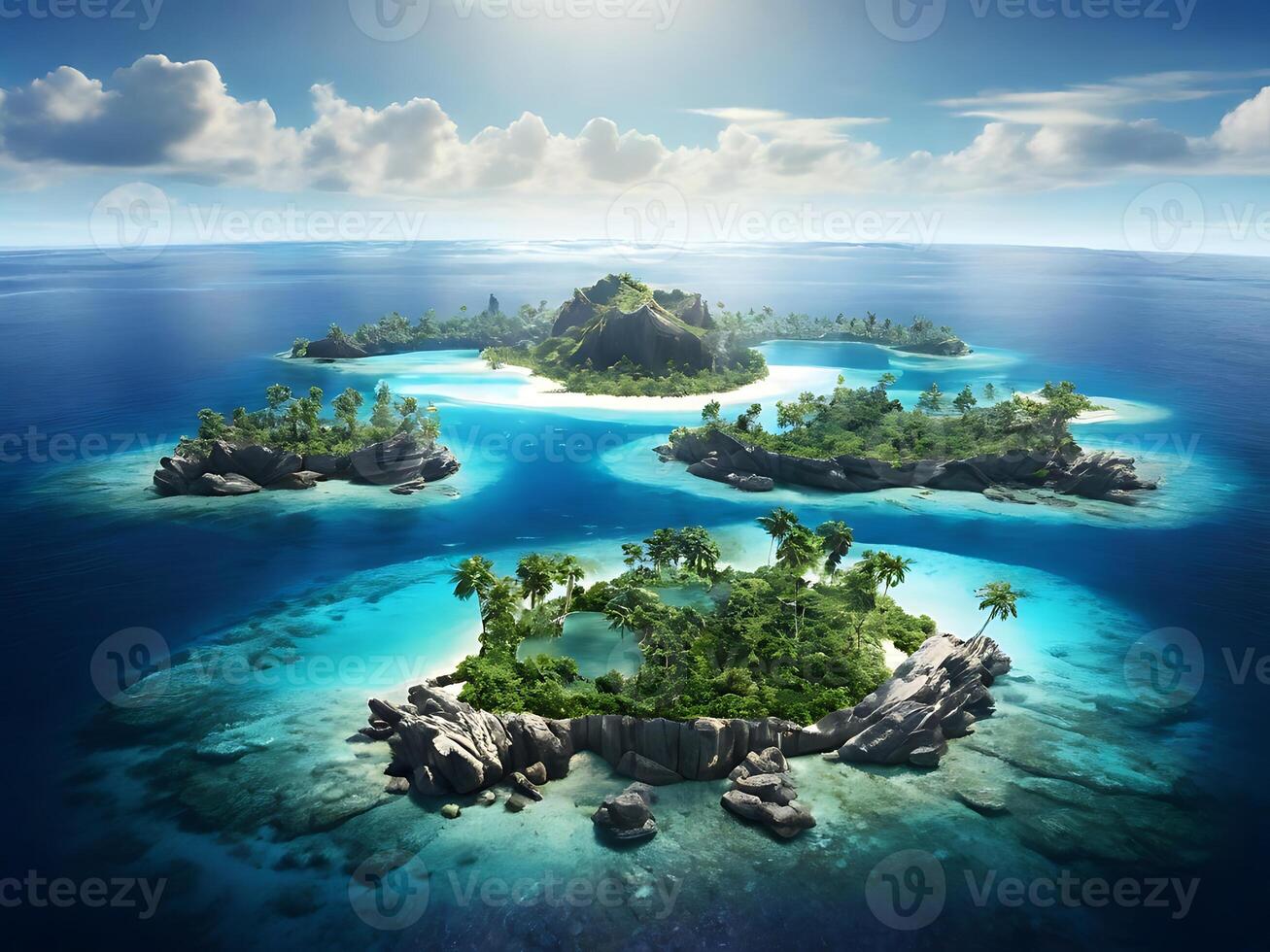 tropical island with glowing lagoons beautiful composition, super sharp, crisp, clear, true to life photo