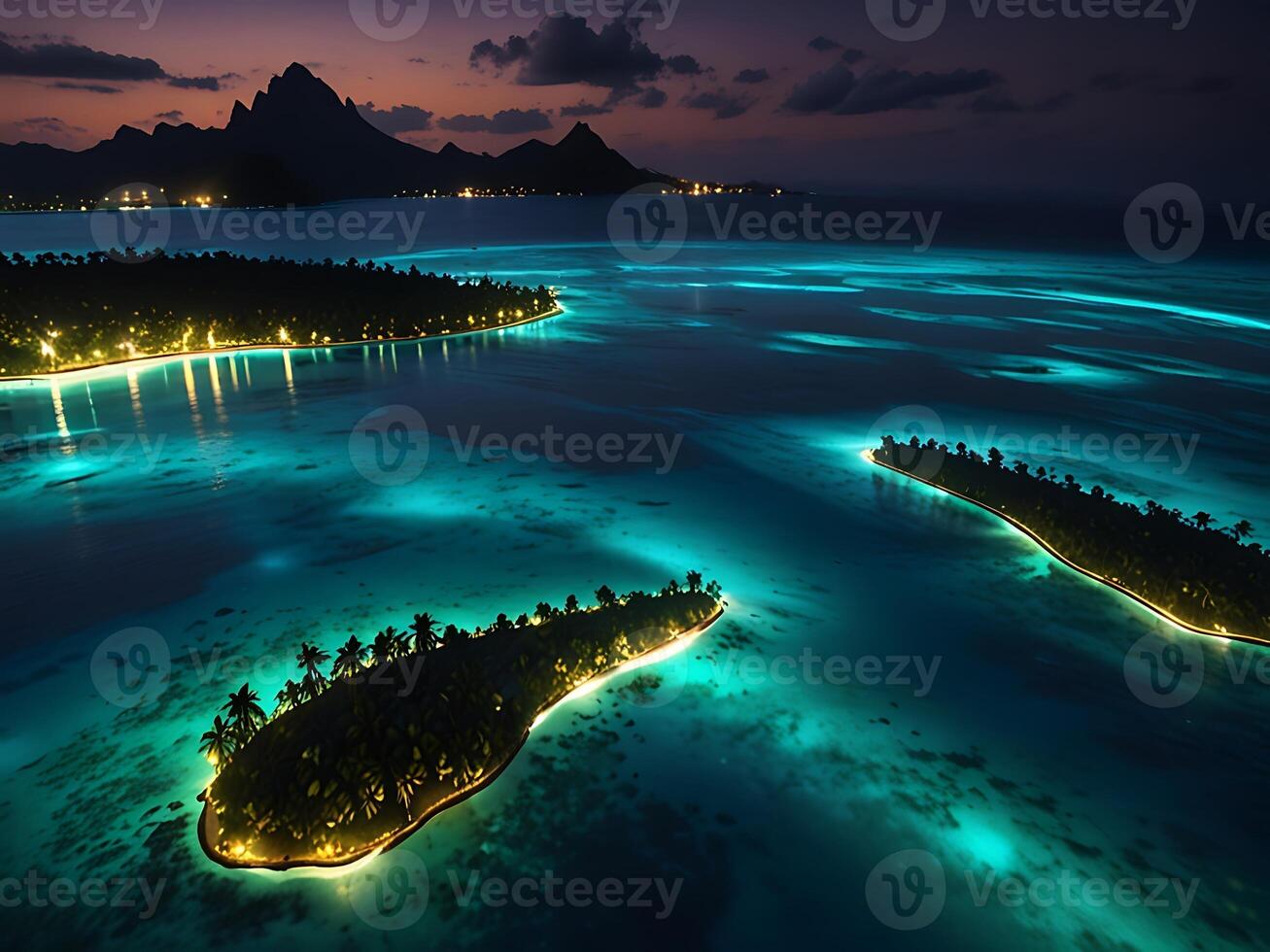 tropical island with glowing lagoons beautiful composition, super sharp, crisp, clear, true to life photo