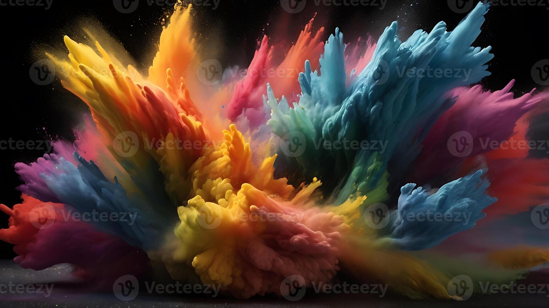 ultra hd 8k multi sharp rainbow color powder splashes on black background in spot light from both photo