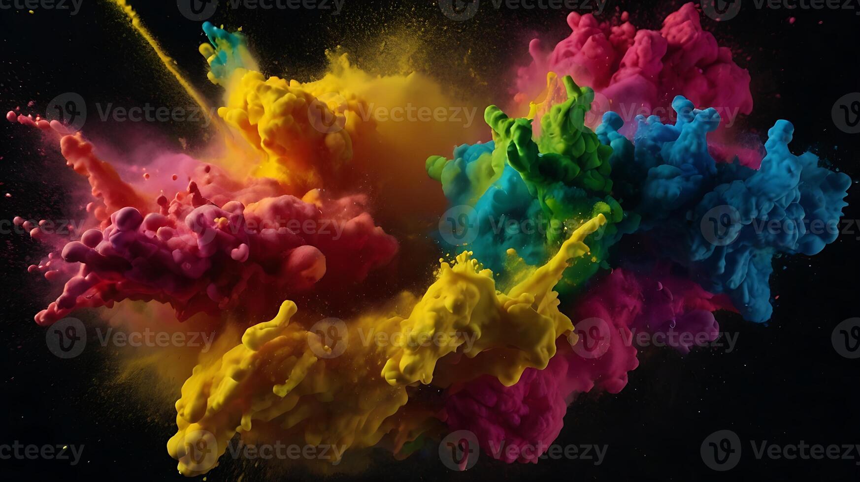 ultra hd 8k multi sharp rainbow color powder splashes on black background in spot light from both photo
