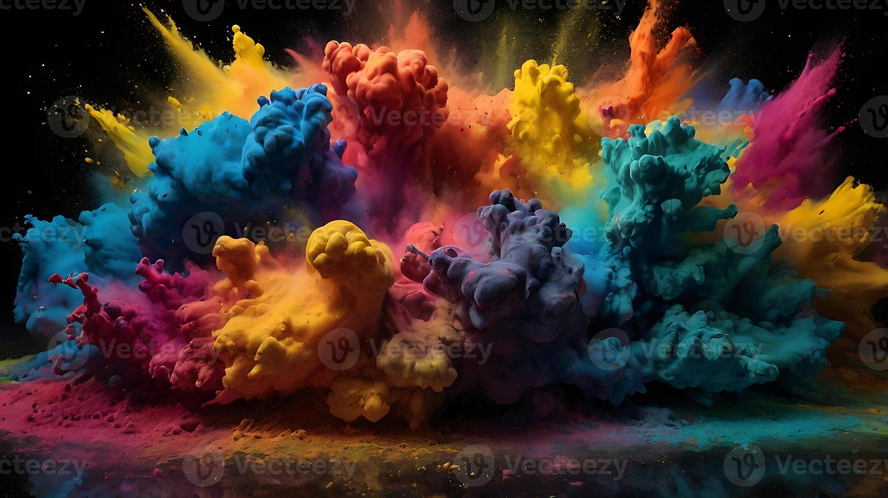 ultra hd 8k multi sharp rainbow color powder splashes on black background in spot light from both photo
