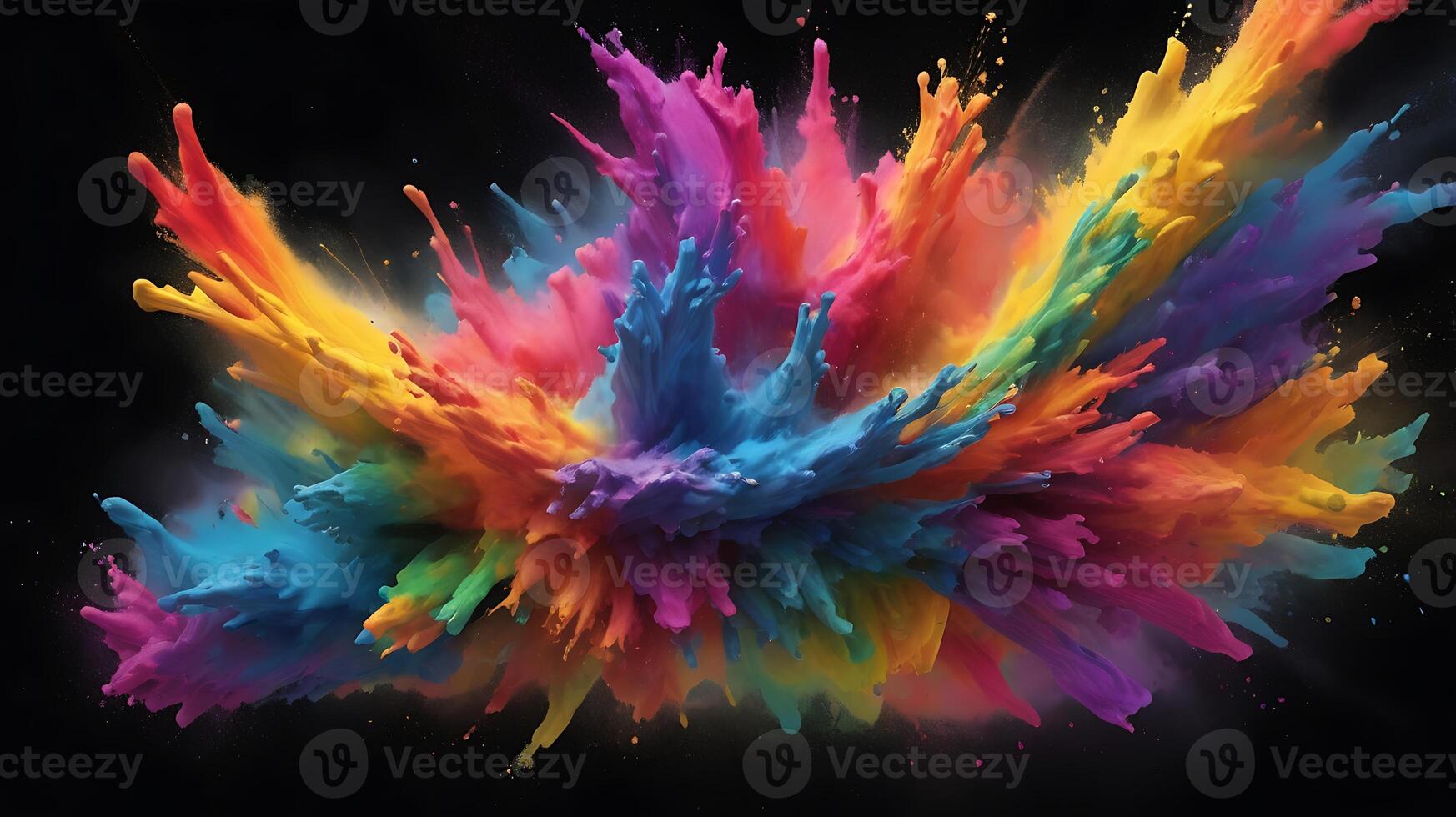 ultra hd 8k multi sharp rainbow color powder splashes on black background in spot light from both photo