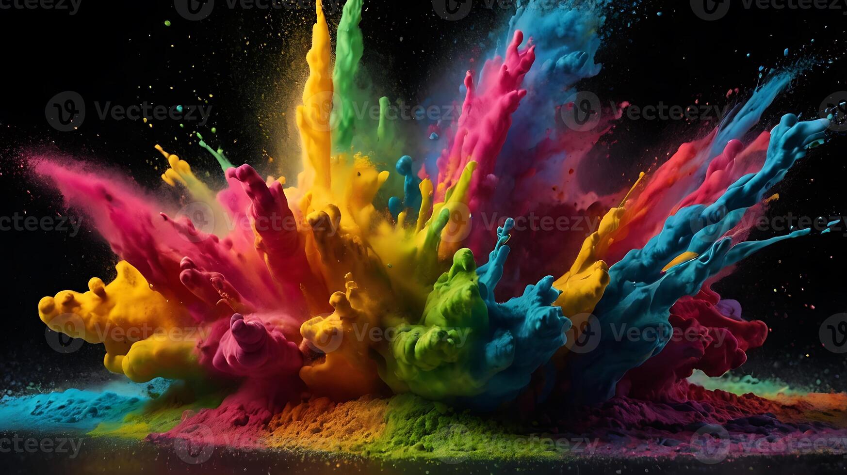 ultra hd 8k multi sharp rainbow color powder splashes on black background in spot light from both photo