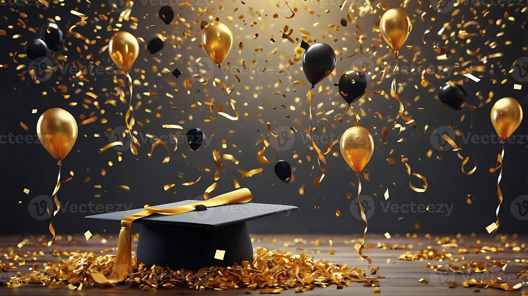 Ultra High-resolution Graduation party invitation realistic composition with flying Golden balloons photo