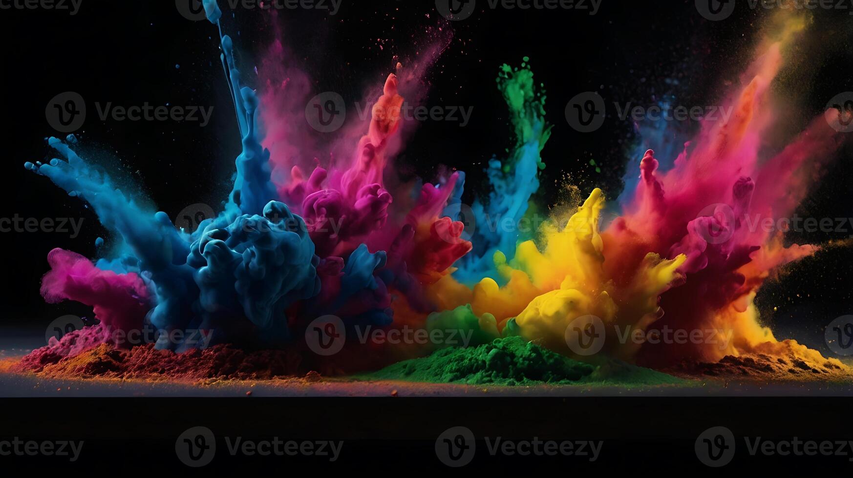 ultra hd 8k multi sharp rainbow color powder splashes on black background in spot light from both photo