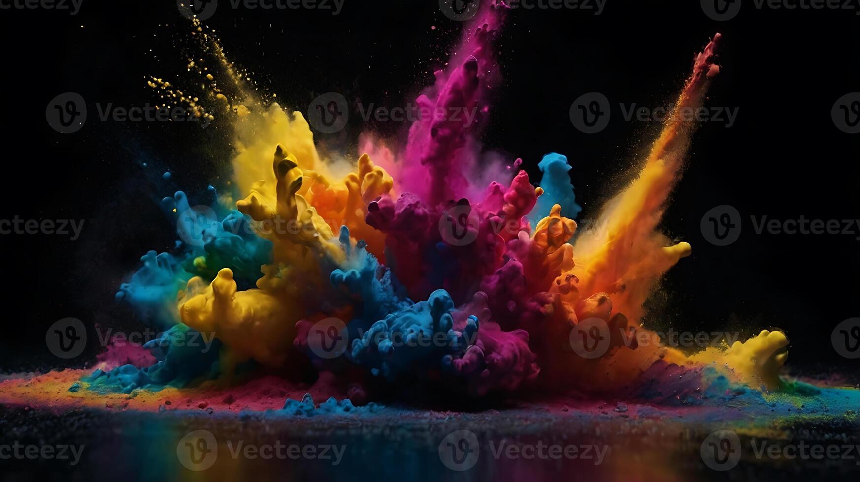 ultra hd 8k multi sharp rainbow color powder splashes on black background in spot light from both photo