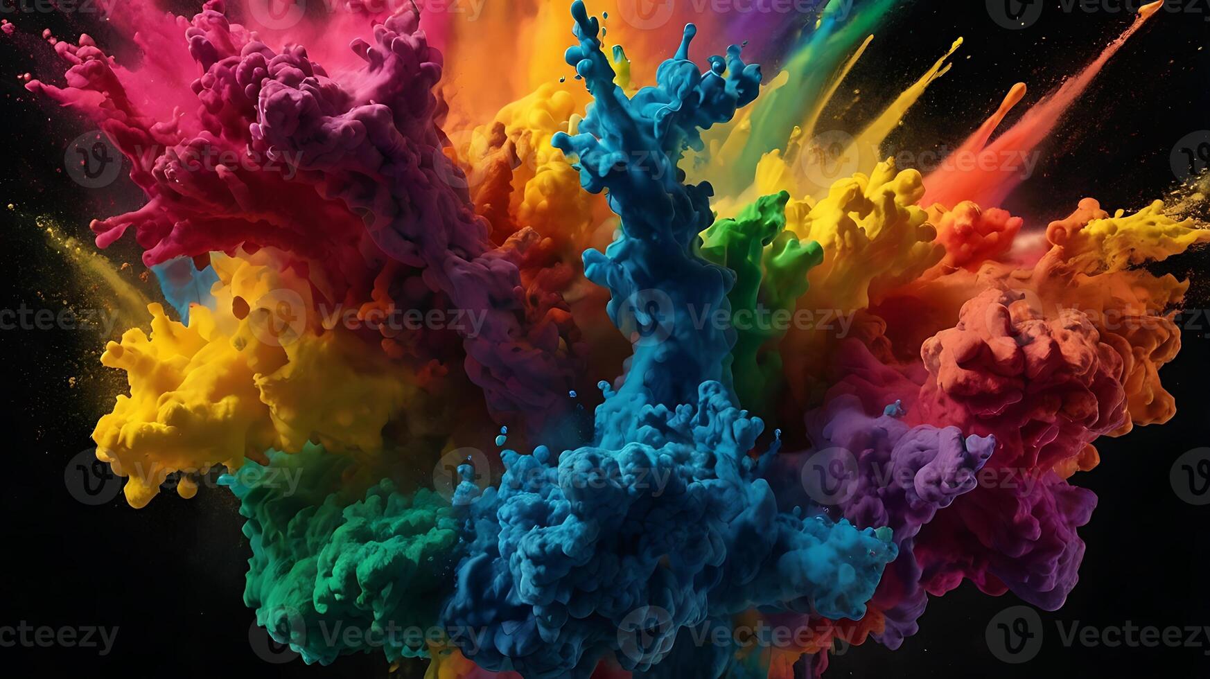 ultra hd 8k multi sharp rainbow color powder splashes on black background in spot light from both photo