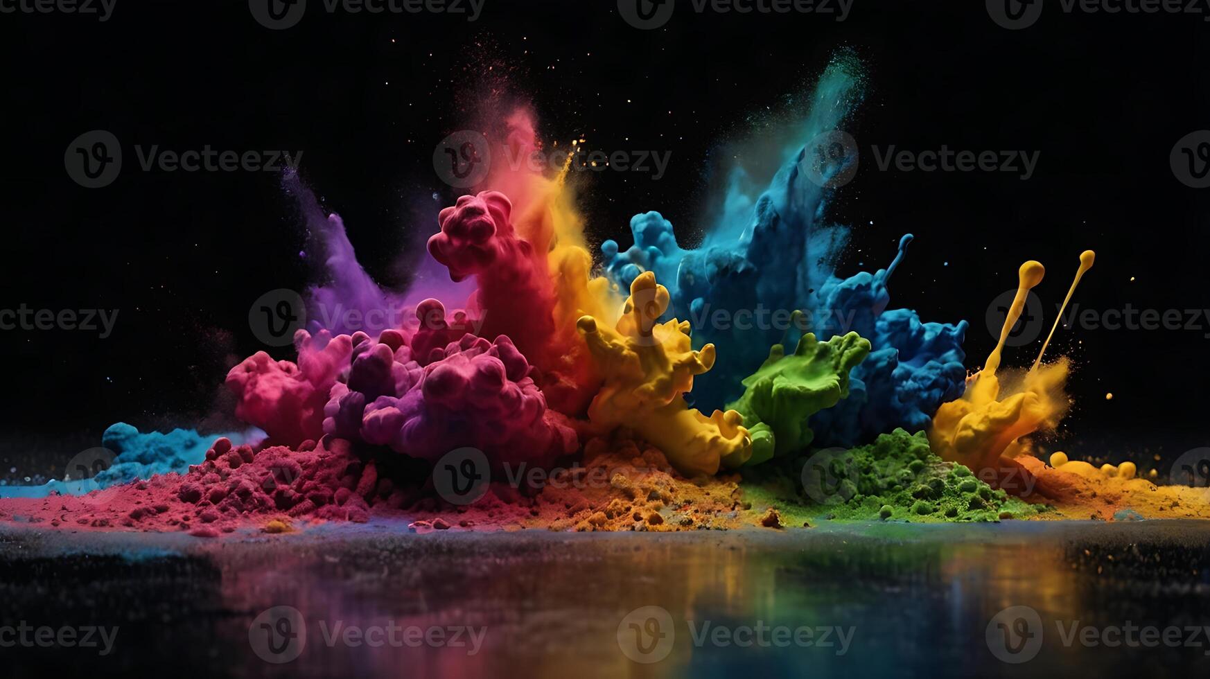 ultra hd 8k multi sharp rainbow color powder splashes on black background in spot light from both photo