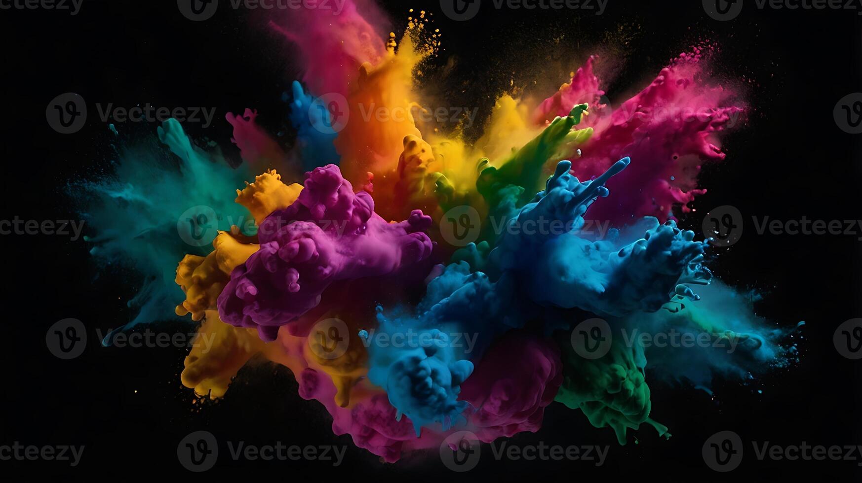 ultra hd 8k multi sharp rainbow color powder splashes on black background in spot light from both photo