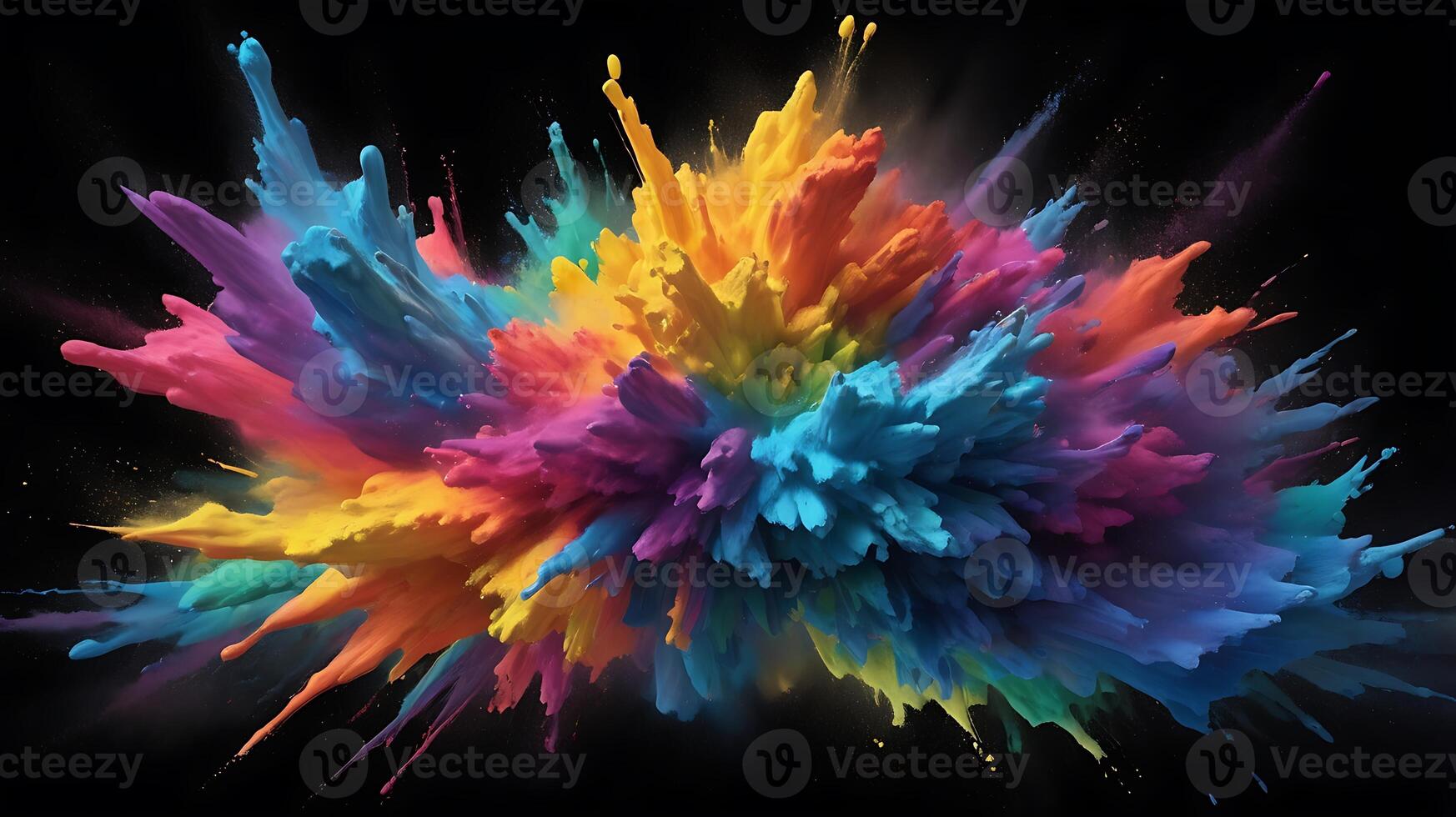 ultra hd 8k multi sharp rainbow color powder splashes on black background in spot light from both photo