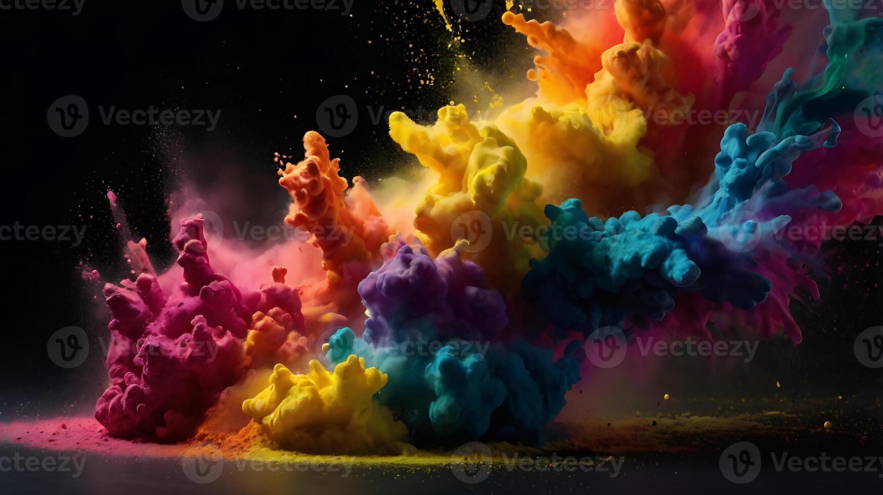 ultra hd 8k multi sharp rainbow color powder splashes on black background in spot light from both photo