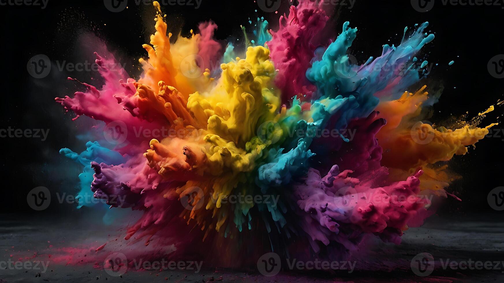 ultra hd 8k multi sharp rainbow color powder splashes on black background in spot light from both photo