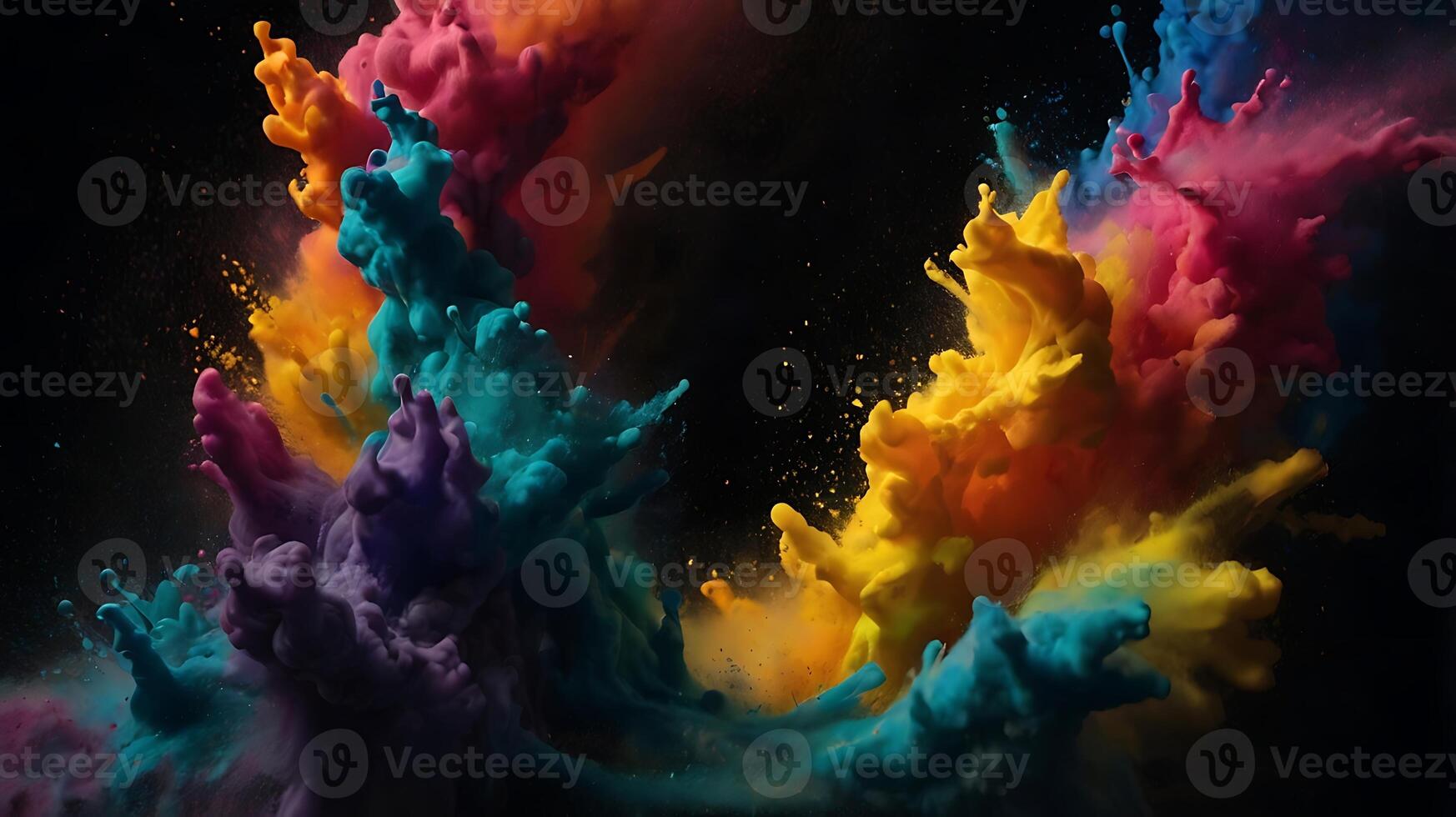 ultra hd 8k multi sharp rainbow color powder splashes on black background in spot light from both photo