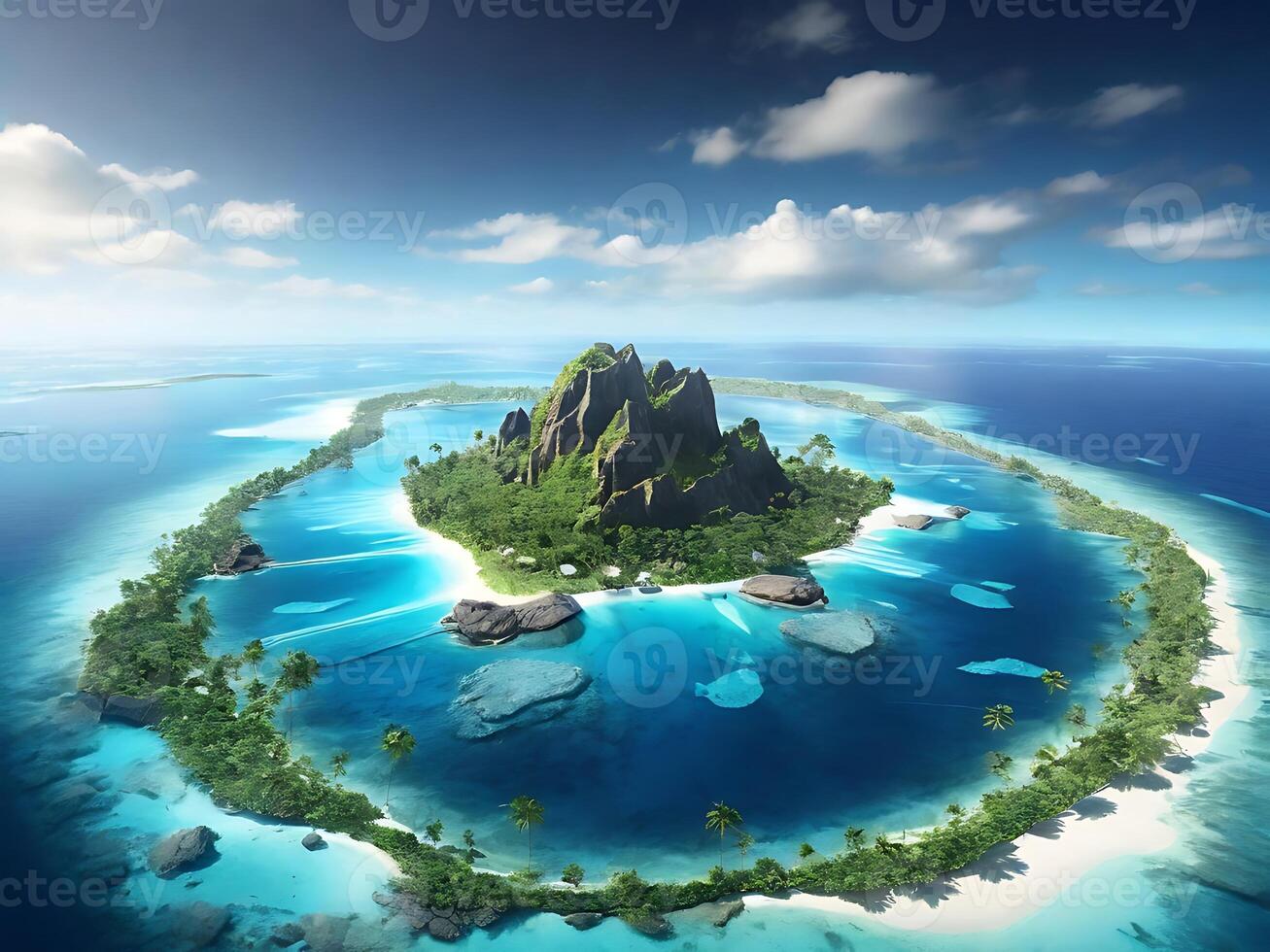 tropical island with glowing lagoons beautiful composition, super sharp, crisp, clear, true to life photo