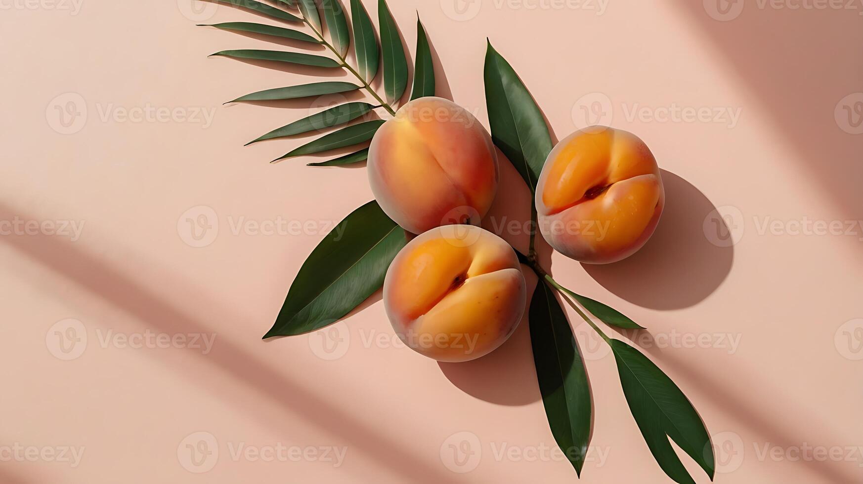 Apricot fruit with palm leaves shadow on a pastel pink background. Summer aesthetic concept. photo