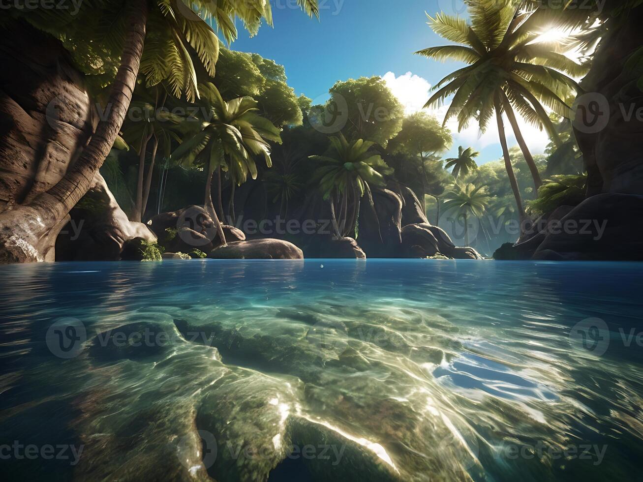tropical island with glowing lagoons beautiful composition, super sharp, crisp, clear, true to life photo