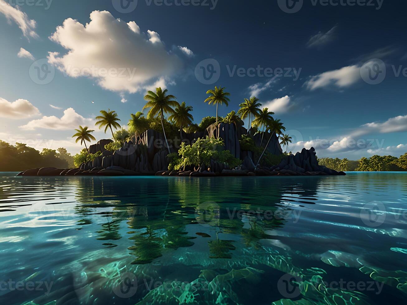 tropical island with glowing lagoons beautiful composition, super sharp, crisp, clear, true to life photo